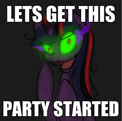 Size: 601x599 | Tagged: safe, artist:sinsays, part of a set, twilight sparkle, pony, unicorn, ask corrupted twilight sparkle, g4, caption, corrupted, corrupted twilight sparkle, curved horn, dark, female, horn, image macro, insanity, let's get this party started, meme, part of a series, possessed, psychotic, psychotic twilight sparkle, queen twilight, solo, sombra eyes, sombra horn, text, tumblr, tyrant sparkle, unicorn twilight, world domination