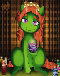 Size: 3300x4200 | Tagged: safe, artist:kenisu-of-dragons, tree hugger, pony, g4, candle, female, hippie, looking at you, sitting, smiling, solo, wavy mouth