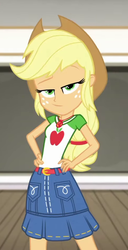 Size: 482x941 | Tagged: safe, screencap, applejack, diy with applejack, equestria girls, g4, my little pony equestria girls: better together, applejack's hat, belt, clothes, collar, cowboy hat, cropped, denim skirt, freckles, geode of super strength, hand on hip, hat, lidded eyes, looking at you, magical geodes, raised eyebrows, skirt, smiling, smirk, smug, stetson, teenager