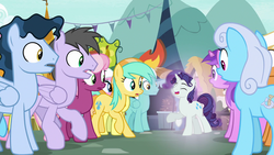 Size: 1280x720 | Tagged: safe, artist:kayman13, artist:trotsworth, edit, edited screencap, screencap, amethyst star, cheerilee, rainbow swoop, rarity, sparkler, spectrum, sunshower raindrops, time flies, pegasus, pony, g4, it isn't the mane thing about you, crowd, elusive, gasp, male, scene interpretation, stallion, trans male, transgender