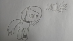 Size: 4096x2304 | Tagged: safe, artist:symphonydawn3, oc, oc only, oc:jackie spectre, earth pony, pony, collar, female, mare, smiling, solo, text, traditional art, wristband