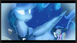 Size: 995x558 | Tagged: safe, artist:oofycolorful, princess luna, oc, alicorn, pony, unicorn, g4, eye clipping through hair, female, giant pony, glowing eyes, letterboxing, macro, mare, open mouth, sparkly mane, sparkly tail, tail