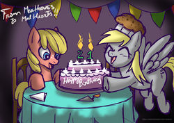 Size: 1280x906 | Tagged: safe, artist:rambon7, derpy hooves, oc, oc:mal hearts, pegasus, pony, g4, birthday, birthday cake, birthday candles, cake, chair, cute, food, freckles, happy, hat, muffin, napkin, table