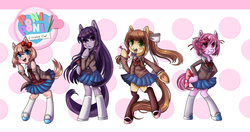 Size: 6044x3384 | Tagged: safe, artist:lamentedmusings, earth pony, pony, :i, bipedal, blue eyes, blue skirt, blushing, book, bow, brown hair, clothes, colored pupils, cute, doki doki literature club!, female, game, green eyes, group, hair bow, hair up, hairclip, long hair, loose hair, mare, mary janes, miniskirt, moe, monika, natsuki, open mouth, pink hair, pleated skirt, polka dot background, ponified, purple eyes, purple hair, quartet, red bow, sayori, school uniform, scrunchy face, shoes, short hair, skirt, socks, thigh highs, tsundere, uwabaki, visual novel, white socks, yandere, yuri (ddlc)