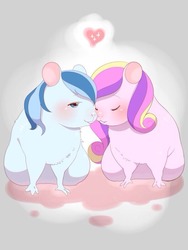 Size: 600x800 | Tagged: safe, artist:naoki, princess cadance, shining armor, mouse, g4, blushing, heart, mousified, nuzzling, pictogram, species swap