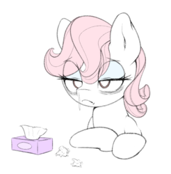 Size: 656x668 | Tagged: safe, artist:lyrabop, oc, oc only, oc:lyrabop, earth pony, pony, bags under eyes, eyeshadow, makeup, runny nose, simple background, solo, tired, tissue, tissue box, white background