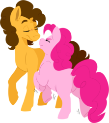 Size: 930x1049 | Tagged: safe, artist:ezrett, cheese sandwich, pinkie pie, earth pony, pony, g4, eyes closed, female, male, mare, missing cutie mark, pinkie sense, scrunchy face, ship:cheesepie, shipping, simple background, size difference, stallion, straight, transparent background