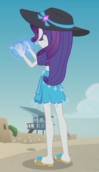 Size: 1208x2100 | Tagged: safe, screencap, rarity, aww... baby turtles, equestria girls, g4, my little pony equestria girls: better together, beach, clothes, cropped, female, flip-flops, geode of shielding, hat, legs, levitation, magic, magical geodes, sand, sandals, sarong, solo, sun hat, swimsuit, telekinesis