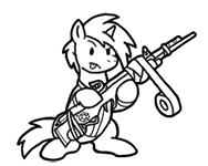 Size: 188x150 | Tagged: safe, artist:crazyperson, pony, unicorn, fallout equestria, fallout equestria: commonwealth, black and white, duct tape, fanfic art, generic pony, grayscale, gun, monochrome, picture for breezies, rifle, simple background, squatting, tongue out, transparent background, weapon