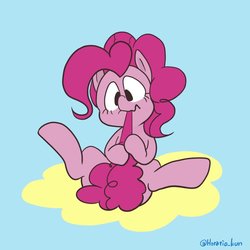 Size: 1000x1000 | Tagged: safe, artist:horatio_kun, pinkie pie, earth pony, pony, g4, 30 minute art challenge, biting, chewing, cotton candy tail, cute, diapinkes, eating, female, mare, ponk, sitting, solo, tail bite