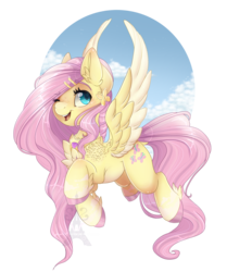 Size: 2240x2676 | Tagged: safe, artist:pvrii, fluttershy, pegasus, pony, g4, chest fluff, cloud, cute, female, high res, mare, one eye closed, open mouth, shoulder feathers, shyabetes, simple background, sky, solo, spread wings, three quarter view, transparent background, unshorn fetlocks, wings, wink