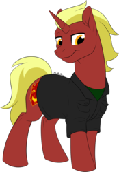 Size: 1113x1602 | Tagged: safe, artist:mythpony, oc, oc only, oc:firebrand, pony, unicorn, clothes, looking down, male, pockets, simple background, smiling, solo, stallion, transparent background