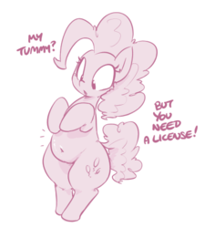 Size: 441x468 | Tagged: source needed, useless source url, safe, artist:shoutingisfun, pinkie pie, earth pony, pony, g4, belly, chubby, cute, dialogue, diapinkes, female, implied belly rubs, looking down, mare, monochrome, open mouth, plump, pudgy pie, solo