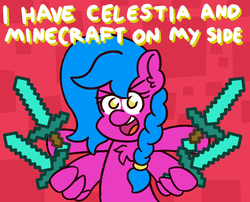 Size: 1050x850 | Tagged: safe, artist:threetwotwo32232, oc, oc only, oc:sophia, pegasus, pony, dexterous hooves, diamond sword, female, hoof hold, i have the power of god and anime on my side, mare, minecraft, quadruple wielding, red background, simple background, sword, vine video, weapon, wing hold