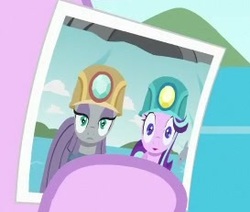 Size: 273x231 | Tagged: safe, screencap, maud pie, starlight glimmer, earth pony, pony, unicorn, g4, rock solid friendship, cropped, hard hat, helmet, mining helmet, picture