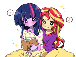 Size: 1182x894 | Tagged: safe, artist:lotte, sunset shimmer, twilight sparkle, equestria girls, g4, anime, blushing, book, clothes, female, hug, hug from behind, lesbian, pajamas, reading, ship:sunsetsparkle, shipping, simple background, slumber party, white background