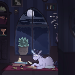 Size: 1024x1024 | Tagged: safe, artist:torielity, oc, oc only, pony, unicorn, book, bookshelf, candle, inkwell, moon, quill, solo, stars, window, writing