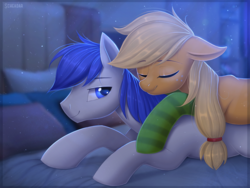 Size: 1200x900 | Tagged: safe, artist:scheadar, applejack, oc, oc:constance everheart, earth pony, pony, g4, bed, canon x oc, clothes, everjack, eyes closed, female, floppy ears, freckles, male, mare, night, pillow, shipping, smiling, socks, stallion, straight, striped socks