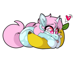 Size: 1600x1200 | Tagged: safe, artist:spoopygander, oc, oc only, oc:scoops, pony, unicorn, :p, banana, cuddling, cute, ear fluff, female, food, heart, heart eyes, leaf, looking up, mare, markings, mlem, plushie, silly, smiling, solo, tongue out, wingding eyes