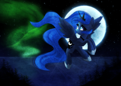 Size: 3508x2480 | Tagged: artist needed, source needed, safe, princess luna, alicorn, pony, g4, aurora borealis, female, flying, high res, moon, sky, solo, stars, tree