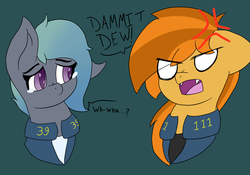 Size: 6000x4200 | Tagged: safe, artist:feelingpandy, oc, oc only, oc:dew, oc:pumpkin spice, bat pony, pony, fallout equestria, absurd resolution, angry, bat pony oc, bust, clothes, cross-popping veins, fanfic, fanfic art, fangs, female, gradient mane, jumpsuit, mare, open mouth, sad face, silly, simple background, teary eyes, text, vault suit, white eyes, yelling