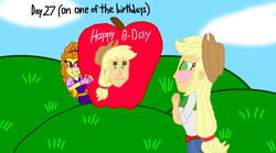 Size: 1800x1002 | Tagged: safe, artist:bigpurplemuppet99, adagio dazzle, applejack, equestria girls, g4, 30 day otp challenge, apple, blushing, dazzlejack, female, food, lesbian, shipping