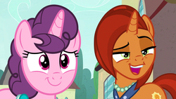 Size: 1280x720 | Tagged: safe, artist:dashiesparkle edit, edit, edited screencap, editor:ktd1993, screencap, stellar flare, sugar belle, pony, unicorn, g4, the parent map, comparison, cute, female, lesbian, shipping, stellarbelle, stellarbetes, sugarbetes