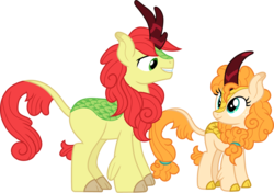 Size: 2129x1500 | Tagged: safe, artist:cloudy glow, bright mac, pear butter, kirin, g4, the perfect pear, cloven hooves, colored hooves, female, freckles, kirin-ified, looking at each other, male, ship:brightbutter, shipping, simple background, smiling, species swap, straight, transparent background, vector