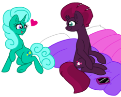 Size: 1340x1080 | Tagged: safe, artist:徐詩珮, fizzlepop berrytwist, glitter drops, tempest shadow, pony, unicorn, g4, my little pony: the movie, broken horn, cellphone, female, heart, horn, lesbian, phone, pillow, ship:glittershadow, shipping, simple background, sleepover, transparent background