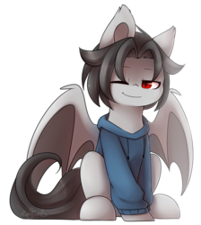 Size: 1438x1603 | Tagged: safe, artist:sunflower-s, oc, oc only, bat pony, pony, bat pony oc, clothes, commission, eyes closed, male, one eye closed, signature, simple background, smiling, solo, sweater, transparent background