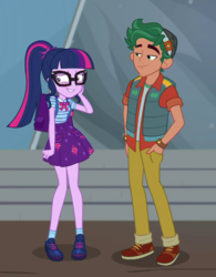 Size: 561x720 | Tagged: safe, screencap, sci-twi, timber spruce, twilight sparkle, equestria girls, g4, my little pony equestria girls: better together, star crossed, backpack, blushing, clothes, cropped, female, geode of telekinesis, hand in pocket, magical geodes, male, pants, ponytail, shoes, skirt, smiling, vest