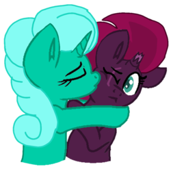 Size: 865x865 | Tagged: safe, artist:徐詩珮, fizzlepop berrytwist, glitter drops, tempest shadow, pony, unicorn, g4, my little pony: the movie, base used, broken horn, cheek kiss, duo, eyes closed, female, horn, hug, kissing, lesbian, mare, one eye closed, ship:glittershadow, shipping, simple background, transparent background, tsundere, tsundere shadow