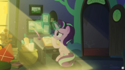 Size: 4700x2625 | Tagged: safe, artist:potato22, starlight glimmer, pony, g4, a pile of objects, background recreation, book, female, inkwell, kite, light beams, paper, quill, realistic shading, room, scroll, solo, starlight's room, table