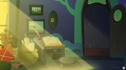 Size: 4700x2625 | Tagged: safe, artist:potato22, pony, a pile of objects, background recreation, book, inkwell, kite, light beams, no pony, paper, quill, realistic shading, room, scroll, starlight's room, table