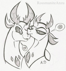 Size: 1656x1784 | Tagged: safe, artist:rossmaniteanzu, pharynx, thorax, changedling, changeling, g4, brotherly love, brothers, bust, changedling brothers, cute, heart, hug, king thorax, lineart, male, pencil drawing, pharybetes, pictogram, prince pharynx, sibling, sibling love, siblings, sketch, thorabetes, traditional art
