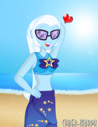 Size: 1558x2010 | Tagged: safe, artist:cyber-murph, trixie, equestria girls, equestria girls specials, g4, my little pony equestria girls: better together, my little pony equestria girls: forgotten friendship, arm behind head, beach, belly, belly button, bikini, bikini babe, clothes, curvy, female, hand on hip, heart, hourglass figure, midriff, ocean, sarong, sexy, signature, stars, sunglasses, swimsuit