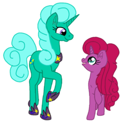 Size: 923x909 | Tagged: safe, artist:徐詩珮, glitter drops, oc, oc:betty pop, pony, unicorn, g4, my little pony: the movie, female, hoof shoes, magical lesbian spawn, mother and daughter, next generation, offspring, parent:glitter drops, parent:tempest shadow, parents:glittershadow, simple background, transparent background