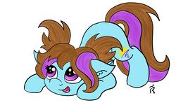 Size: 3000x1920 | Tagged: safe, artist:dawn-designs-art, oc, oc only, oc:dawn, earth pony, pony, adorable face, blue coat, brown mane, crouching, cute, female, filly, pigtails, purple eyes, purple mane, smiling, solo