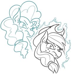 Size: 657x670 | Tagged: safe, artist:jargon scott, applejack, pear butter, earth pony, ghost, pony, undead, g4, applejack's hat, bust, cowboy hat, duo, female, hat, jojo's bizarre adventure, mare, monochrome, mother and daughter, pear butter's ghost, scrunchie, simple background, stand, white background