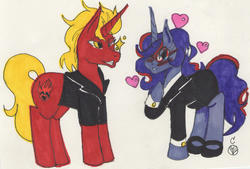 Size: 1998x1354 | Tagged: safe, artist:cailadelrose, oc, oc only, oc:aramau, oc:firebrand, pony, unicorn, blushing, clothes, female, glasses, heart, high heels, male, mare, oc x oc, one eye closed, shipping, shoes, simple background, skirt, skirt suit, stallion, straight, suit, traditional art, tube skirt, white background, wink