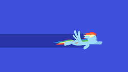 Size: 2550x1440 | Tagged: safe, artist:minimalist-archive, edit, editor:padgriffin, rainbow dash, pegasus, pony, g4, blue background, female, floppy ears, flying, hooves, lineless, mare, minimalist, modern art, simple background, solo, wallpaper, wings