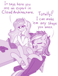 Size: 1000x1308 | Tagged: safe, artist:dstears, princess celestia, rainbow dash, alicorn, pegasus, pony, g4, backwards cutie mark, clothes, comically missing the point, computer, dialogue, duo, eyes closed, female, glasses, job interview, laptop computer, mare, misunderstanding, monochrome, necktie, programming, pun, talking, underhoof, wings