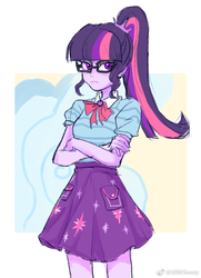 Size: 626x864 | Tagged: safe, artist:keeerooooo1, sci-twi, twilight sparkle, equestria girls, equestria girls series, g4, angry, bowtie, clothes, crossed arms, female, geode of telekinesis, glasses, magical geodes, ponytail, skirt, solo, unamused