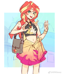 Size: 694x829 | Tagged: safe, artist:keeerooooo1, sunset shimmer, human, equestria girls, equestria girls specials, g4, my little pony equestria girls: better together, my little pony equestria girls: forgotten friendship, bag, belly button, clothes, female, midriff, open mouth, sarong, sleeveless, solo, swimsuit