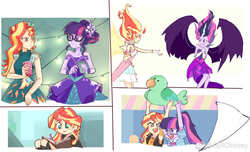 Size: 2032x1234 | Tagged: safe, artist:keeerooooo1, sci-twi, sunset shimmer, twilight sparkle, bird, parakeet, equestria girls, equestria girls specials, g4, my little pony equestria girls: better together, my little pony equestria girls: friendship games, my little pony equestria girls: legend of everfree, my little pony equestria girls: rainbow rocks, my little pony equestria girls: rollercoaster of friendship, book, clothes, daydream shimmer, female, glasses, midnight sparkle, open mouth, plushie