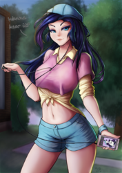 Size: 706x1000 | Tagged: safe, artist:the-park, rarity, human, g4, alternate hairstyle, backwards ballcap, baseball cap, belly button, cap, clothes, disguise, female, hat, humanized, looking at you, midriff, phone, plainity, shorts, solo