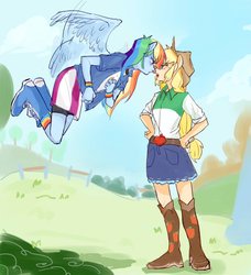 Size: 934x1024 | Tagged: safe, artist:keeerooooo1, applejack, rainbow dash, human, equestria girls, g4, applejack's hat, belt, boots, clothes, compression shorts, cowboy hat, denim skirt, eared humanization, female, freckles, hand on hip, hat, humanized, looking at each other, miniskirt, open mouth, shoes, shorts, skirt, socks, stetson, tongue out, winged humanization, wings