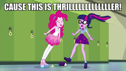 Size: 960x540 | Tagged: safe, edit, edited screencap, screencap, pinkie pie, sci-twi, twilight sparkle, equestria girls, equestria girls series, g4, stressed in show, stressed in show: pinkie pie, caption, clothes, eyes closed, female, geode of sugar bombs, geode of telekinesis, glasses, image macro, magical geodes, meme, michael jackson, pantyhose, ponytail, sandals, shoes, skirt, socks, song reference, text, thriller, yelling
