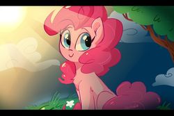 Size: 1800x1200 | Tagged: safe, artist:oofycolorful, pinkie pie, earth pony, pony, g4, beautiful, chest fluff, crepuscular rays, cute, diapinkes, female, flower, letterboxing, mare, smiling, solo, sun