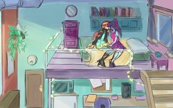Size: 1024x638 | Tagged: safe, artist:keeerooooo1, sci-twi, sunset shimmer, twilight sparkle, equestria girls, equestria girls specials, g4, bed, book, boots, clock, clothes, door, female, jacket, kissing, leather jacket, lesbian, loft, pillow, ponytail, shelf, ship:sci-twishimmer, ship:sunsetsparkle, shipping, shoes, sitting, skirt, sunset's apartment